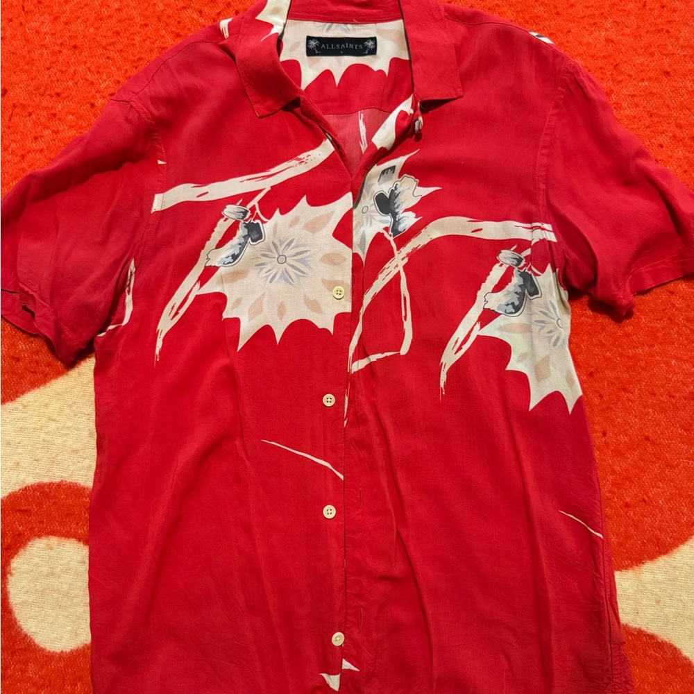 AllSaints Red Floral Button-Up Shirt